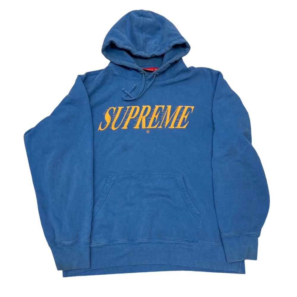 Supreme Slanted Logo Hoodie Blue Orange Embroidered Sweatshirt Mens Medium